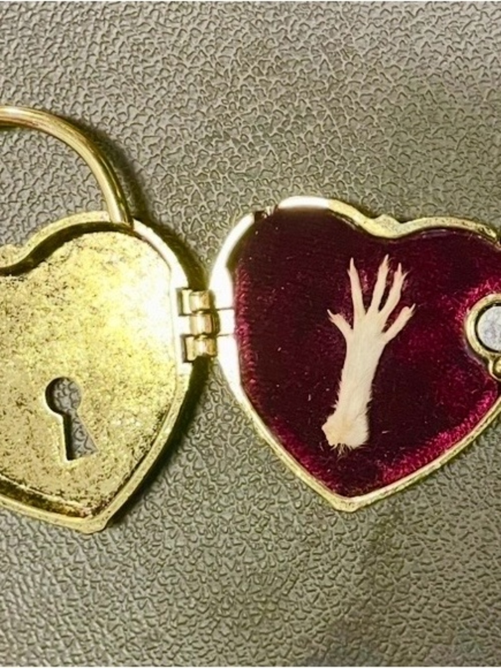 Gold Tone Heart Locket with Mouse Paw on Burgundy Velvet Interior